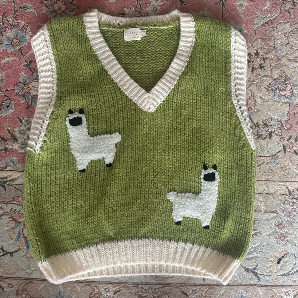 Dreamers by Debut Green Chunky Knit Llama Sweater Vest Oversized Size S–M
